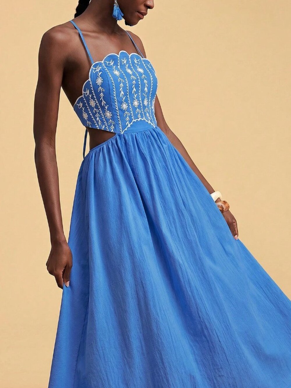 Royal Blue Boho Women's Floral Embroidered Elegant Backless Camisole Dress - Picture 4 of 7